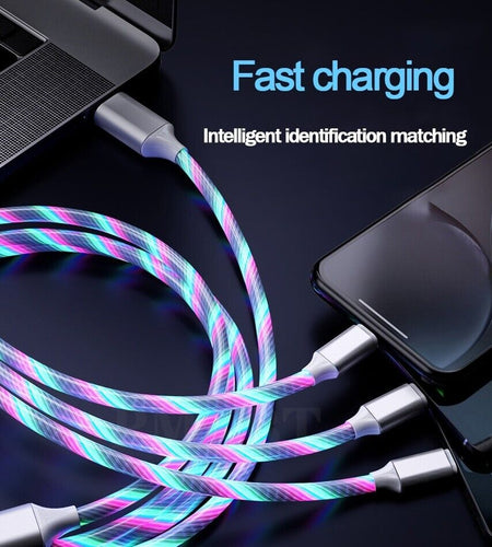 3 in 1 LED Fast Charging Cable Adapter For iPhone Micro USB Type C Charger Cord