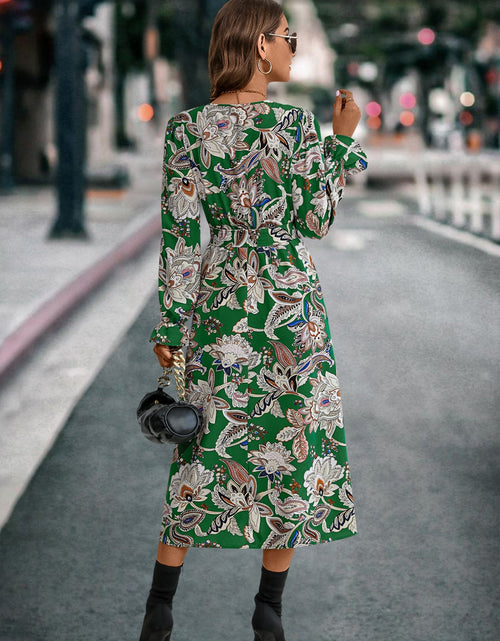 Load image into Gallery viewer, Printed Tie Front Surplice Flounce Sleeve Dress
