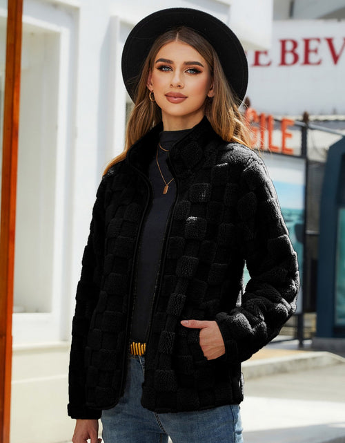 Load image into Gallery viewer, Fuzzy Checkered Zip Up Jacket
