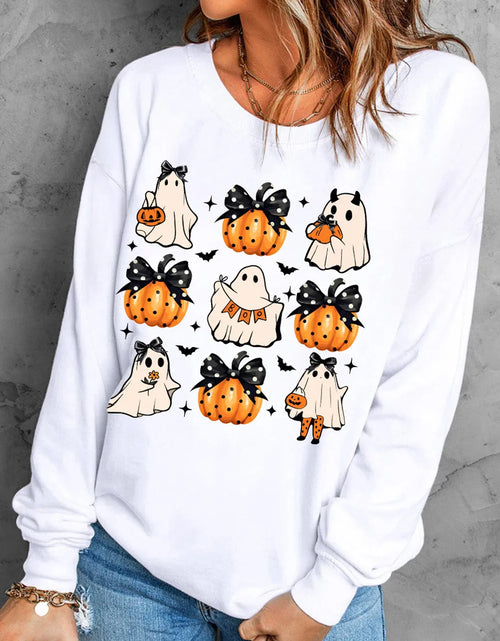 Load image into Gallery viewer, Pumpkin &amp; Ghost Round Neck Long Sleeve Sweatshirt

