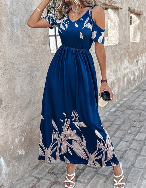 Load image into Gallery viewer, Printed Cold Shoulder Short Sleeve Maxi Dress
