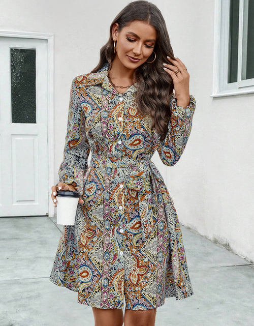 Load image into Gallery viewer, Printed Collared Neck Long Sleeve Dress
