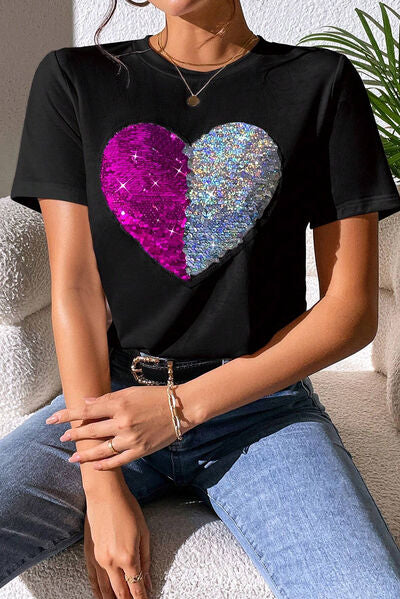 Load image into Gallery viewer, Heart Sequin Round Neck Short Sleeve T-Shirt
