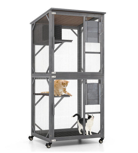 72 Inch TallWooden Cat House with Weatherproof Asphalt Roof-Gray