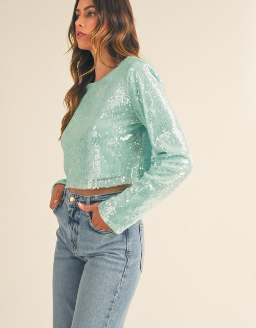 Load image into Gallery viewer, MABLE Shoulder Padded Sequin Crop Top
