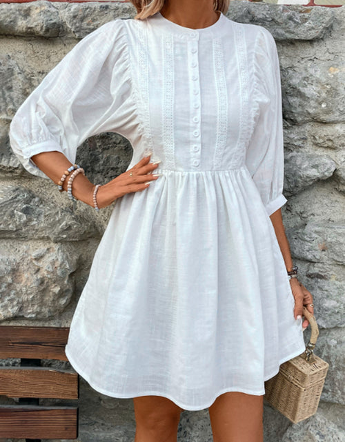 Load image into Gallery viewer, Lace Detail Half Button Three-Quarter Sleeve Dress
