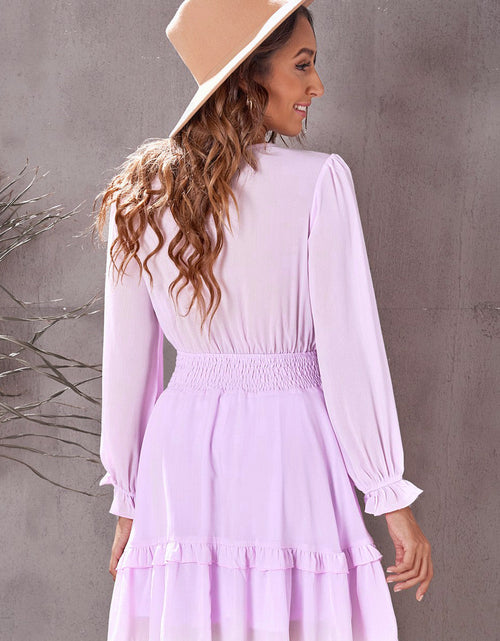 Load image into Gallery viewer, Tied Plunge Smocked Waist Flounce Sleeve Dress
