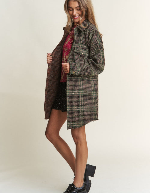 Load image into Gallery viewer, J.NNA Snap Down Tweed Plaid Contrast  Longline Shacket
