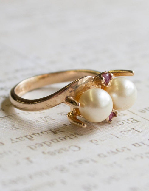 Load image into Gallery viewer, Vintage Pearl Beads with Genuine Ruby Accents 18k Gold Electroplated Ring Made in USA by PVD Vintage Jewelry
