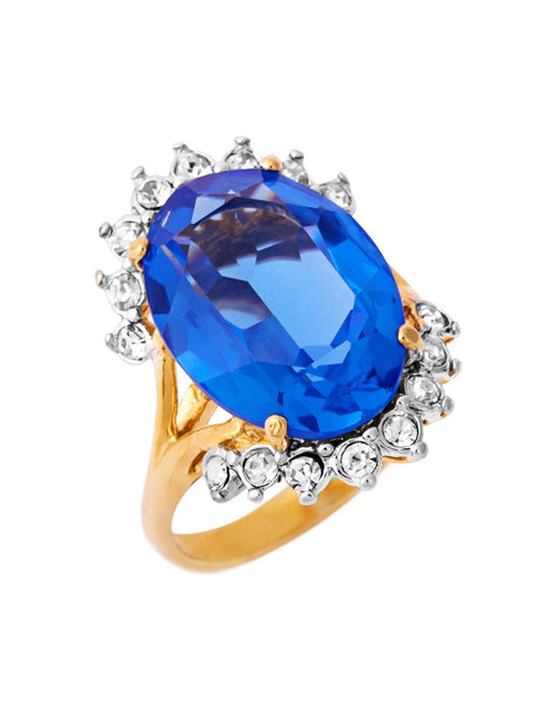 Load image into Gallery viewer, Vintage 1970's Ring Ruby and Clear Austrian Crystals 18k Yellow Gold Plated Band Made in USA by PVD Vintage Jewelry
