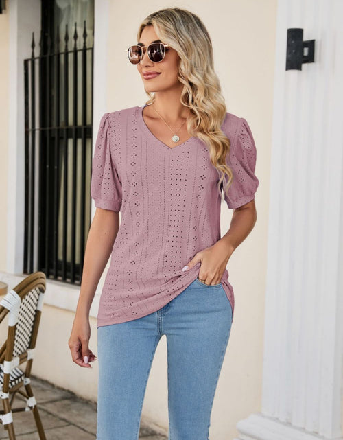 Load image into Gallery viewer, Eyelet Puff Sleeve V-Neck Top
