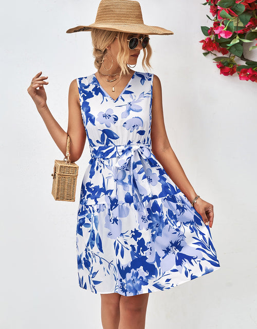Load image into Gallery viewer, Floral V-Neck Tie Waist Sleeveless Dress
