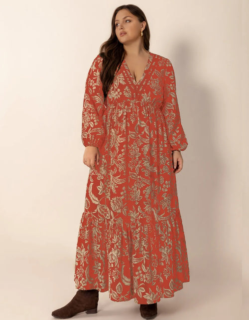 Load image into Gallery viewer, Plus Size Lace Detail Printed Balloon Sleeve Midi Dress

