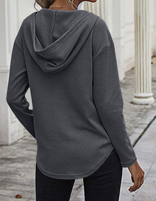 Load image into Gallery viewer, Drawstring Waffle Knit Long Sleeve Hooded Top
