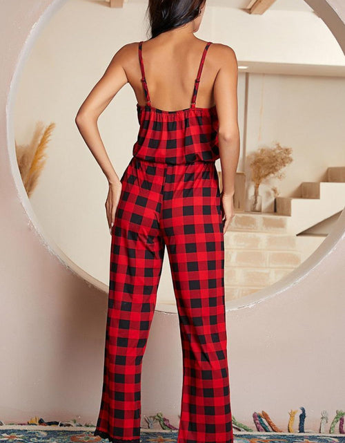 Load image into Gallery viewer, Plaid Lace Trim Spaghetti Strap Jumpsuit
