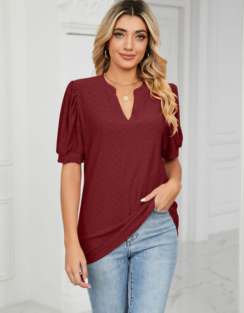 Load image into Gallery viewer, Eyelet Short Puff Sleeve Notched Neck Top
