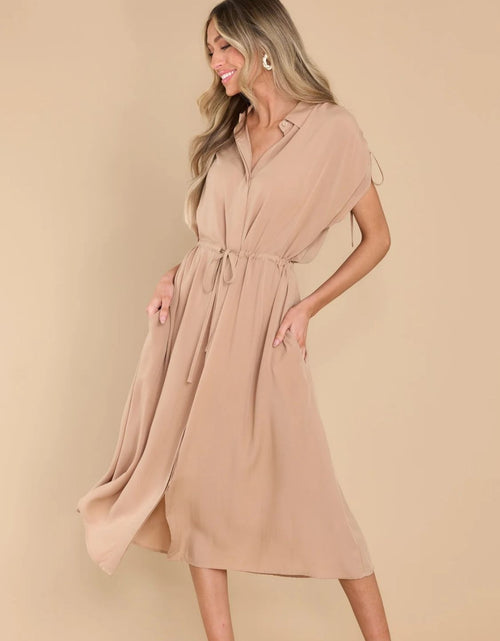 Load image into Gallery viewer, Drawstring Collared Neck Short Sleeve Midi Dress
