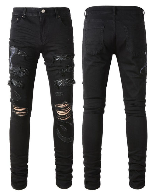 Load image into Gallery viewer, Men's Washed Snake Embroidered Slim Jeans
