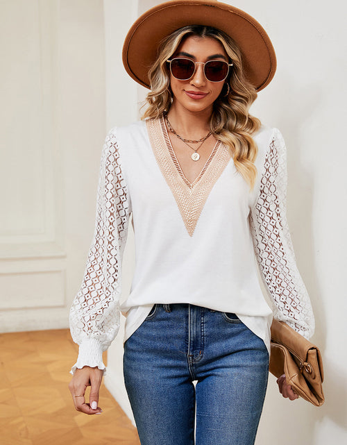 Load image into Gallery viewer, Contrast V-Neck Long Sleeve Blouse
