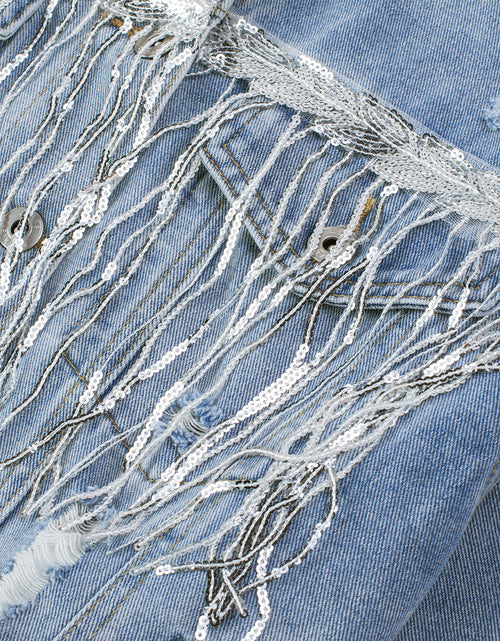 Load image into Gallery viewer, Sequin Fringe Trim Distressed Button Up Denim Jacket

