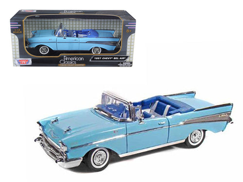 Load image into Gallery viewer, 1957 Chevrolet Bel Air Convertible Light Blue with Blue Interior 1/18 Diecast Model Car by Motormax
