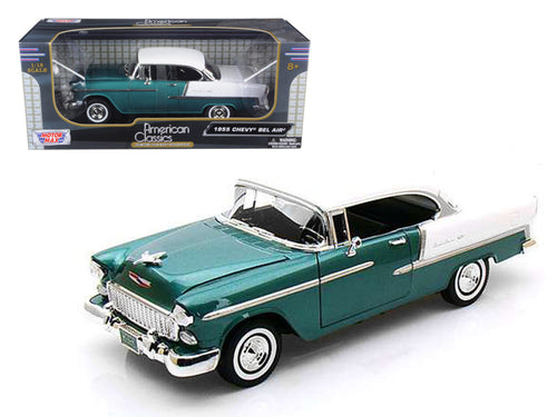 Load image into Gallery viewer, 1955 Chevrolet Bel Air Hard Top Green Metallic and White 1/18 Diecast Model Car by Motormax
