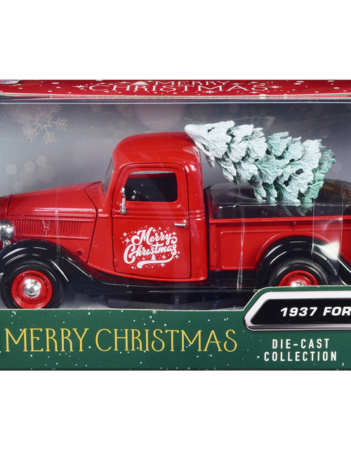 Load image into Gallery viewer, 1937 Ford Pickup Truck Red and Black "Merry Christmas" with Tree Accessory 1/24 Diecast Model Car by Motormax
