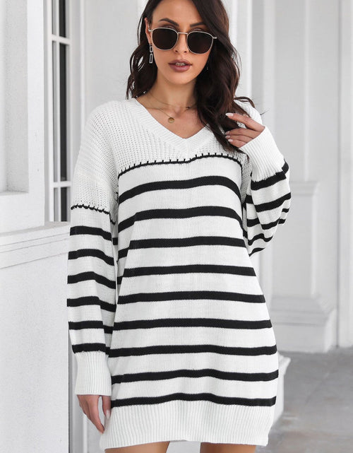 Load image into Gallery viewer, Striped V-Neck Drop Shulder Sweater Dress
