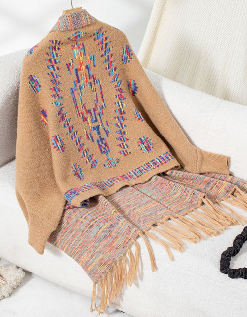 Load image into Gallery viewer, Fringe Geometric Open Front Long Sleeve Cape
