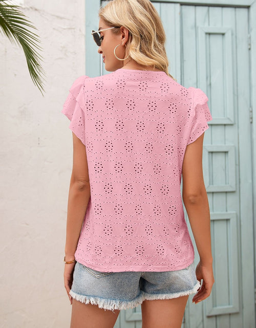 Load image into Gallery viewer, Ivy Lane Eyelet Tie Neck Flutter Sleeve Blouse
