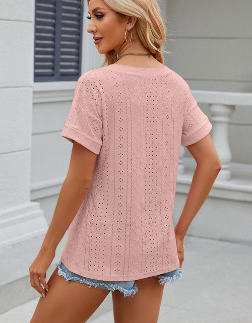 Load image into Gallery viewer, Eyelet V-Neck Short Sleeve T-Shirt
