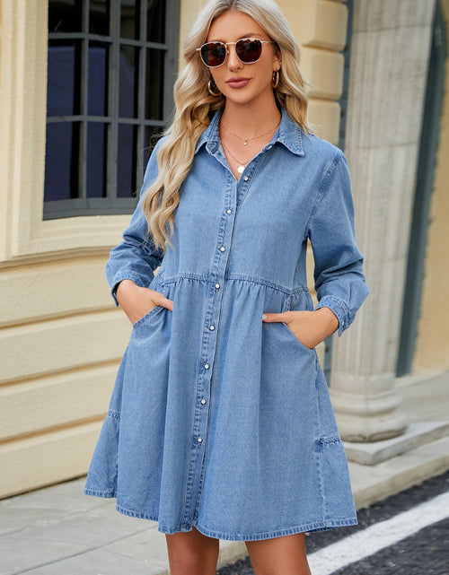 Load image into Gallery viewer, Tiered Button Up Long Sleeve Denim Dress
