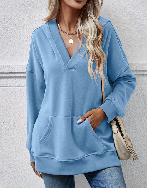 Load image into Gallery viewer, V-Neck Drop Shoulder Long Sleeve Hoodie
