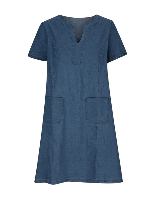 Load image into Gallery viewer, Full Size Notched Short Sleeve Denim Dress
