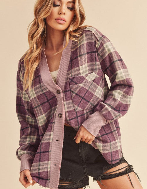 Load image into Gallery viewer, Aemi + Co Side Slit Patch Pocket Plaid Button Down Jacket
