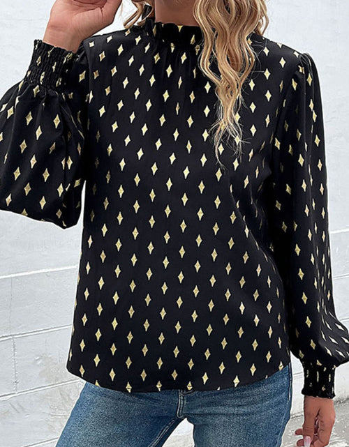 Load image into Gallery viewer, Perfee Geometric Print Frill Neck Lantern Sleeve Blouse
