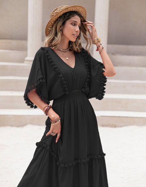 Load image into Gallery viewer, Tassel Trim Smocked V-Neck Short Sleeve Dress
