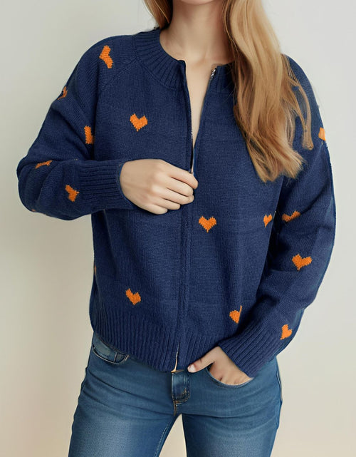 Load image into Gallery viewer, Heart Round Neck Zip Up Cardigan
