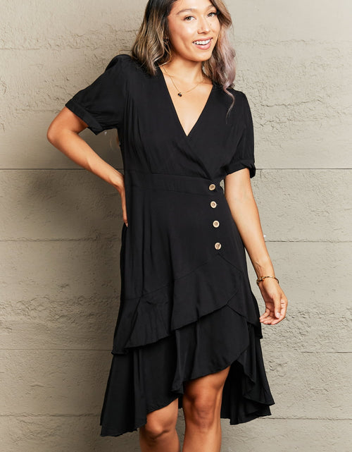 Load image into Gallery viewer, Perfee Decorative Button Surplice Ruffle Hem Dress
