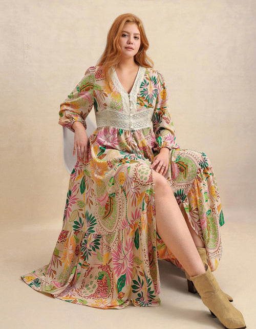 Load image into Gallery viewer, Plus Size Lace Detail Printed V-Neck Balloon Sleeve Dress
