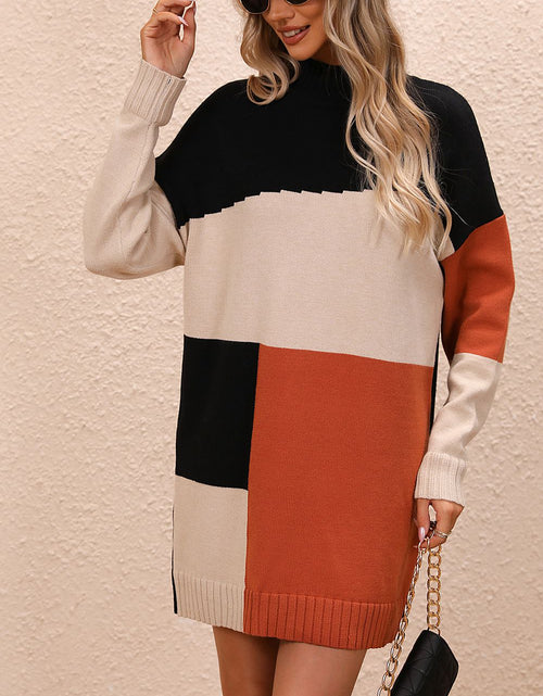 Load image into Gallery viewer, Color Block Mock Neck Dropped Shoulder Sweater Dress

