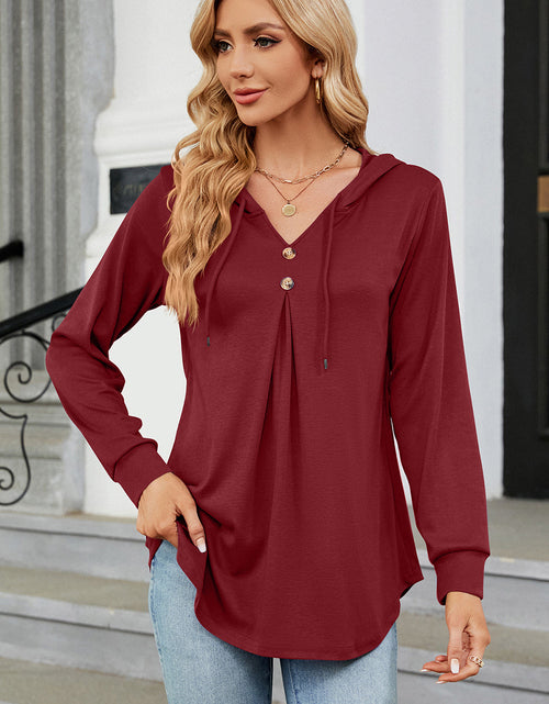 Load image into Gallery viewer, Decorative Button Drawstring Long Sleeve Hoodie
