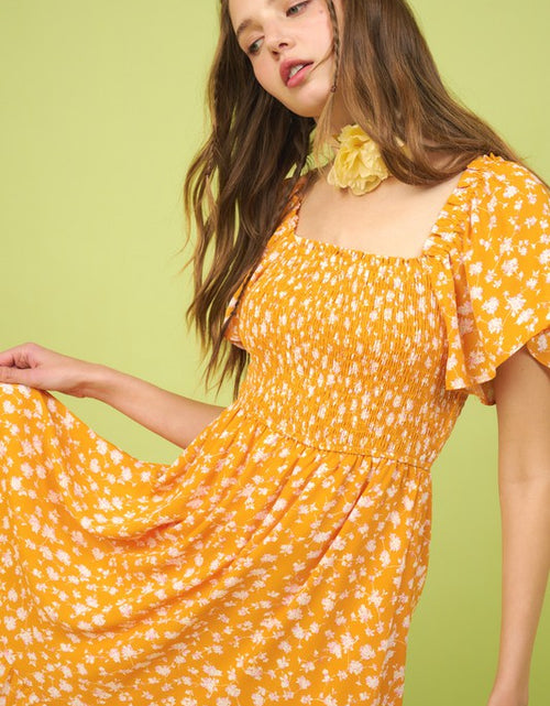Load image into Gallery viewer, Mittoshop Flower Print Flutter Sleeve Smocked Midi Dress
