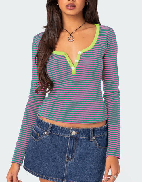 Load image into Gallery viewer, Buttoned Striped Long Sleeve T-Shirt
