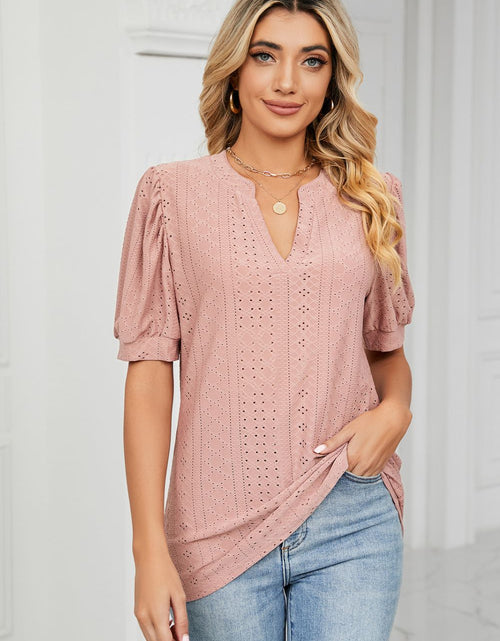 Load image into Gallery viewer, Eyelet Short Puff Sleeve Notched Neck Top
