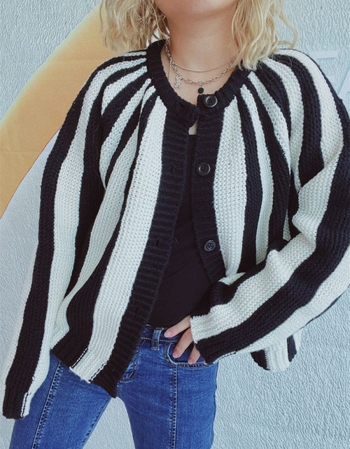 Load image into Gallery viewer, Contrast Stripes Button Down Long Sleeve Cardigan
