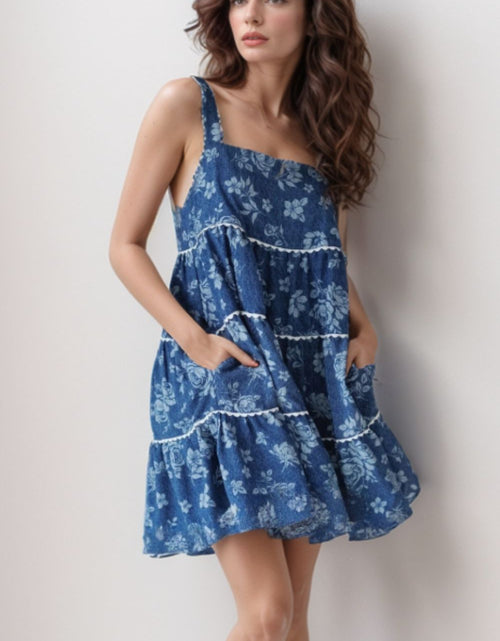 Load image into Gallery viewer, Floral Tiered Square Neck Denim Dress
