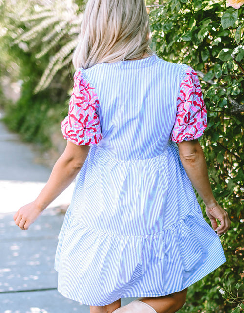 Load image into Gallery viewer, Stripe Contrast Floral Puff Sleeve Tiered Ruffle Dress by Poppy Lee Lane
