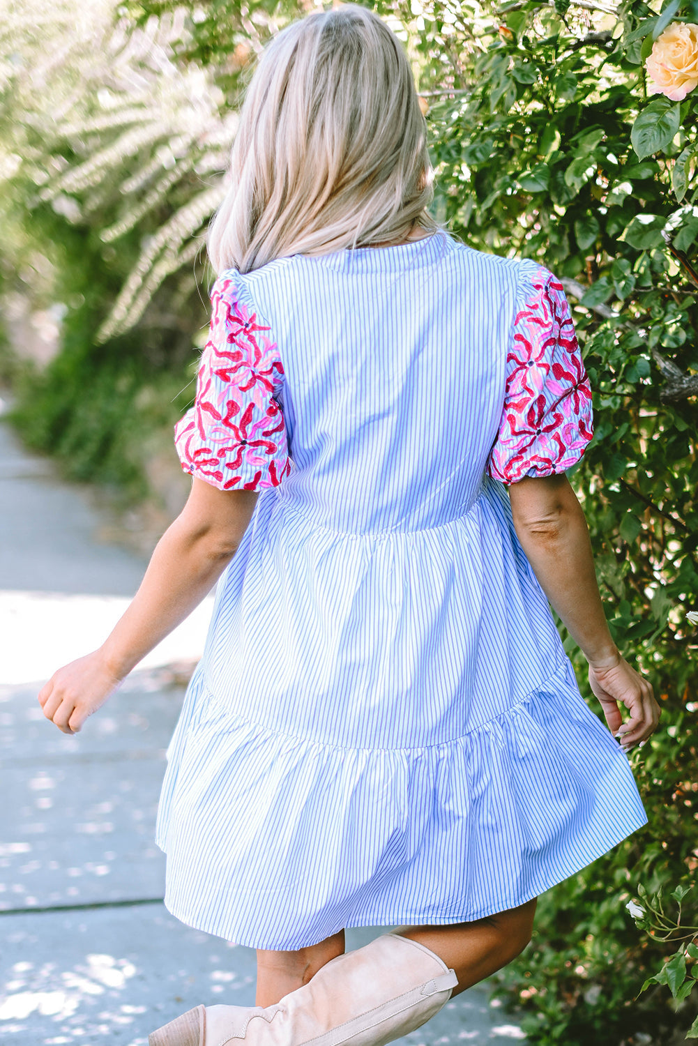 Stripe Contrast Floral Puff Sleeve Tiered Ruffle Dress by Poppy Lee Lane