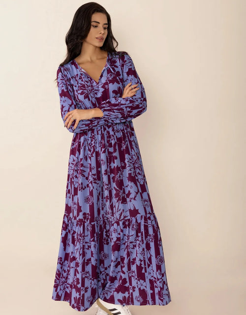 Load image into Gallery viewer, Printed Tie Neck Balloon Sleeve Maxi Dress
